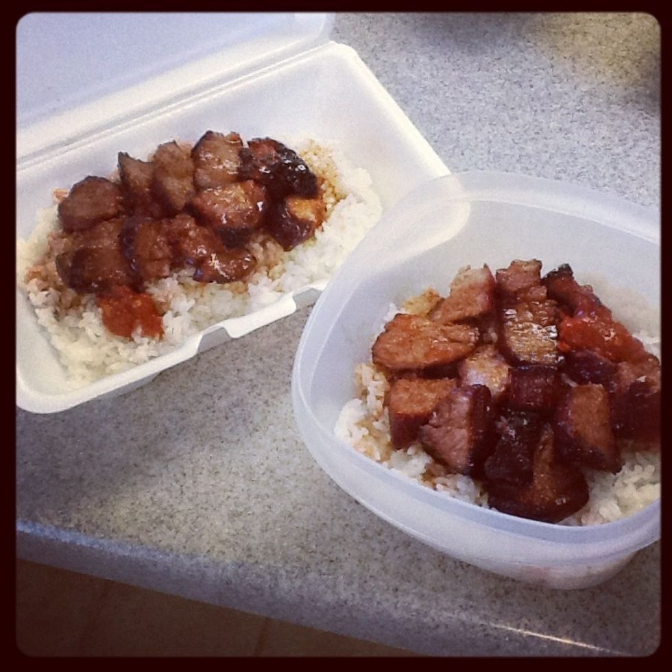 The boiled sauce will go over the Char Siew + Rice. If you are a chilli lover add on with the bottled Garlic Chilli / Chicken Rice Chilli. You are ready to tuck in! Hope you enjoy your Char Siew Rice!