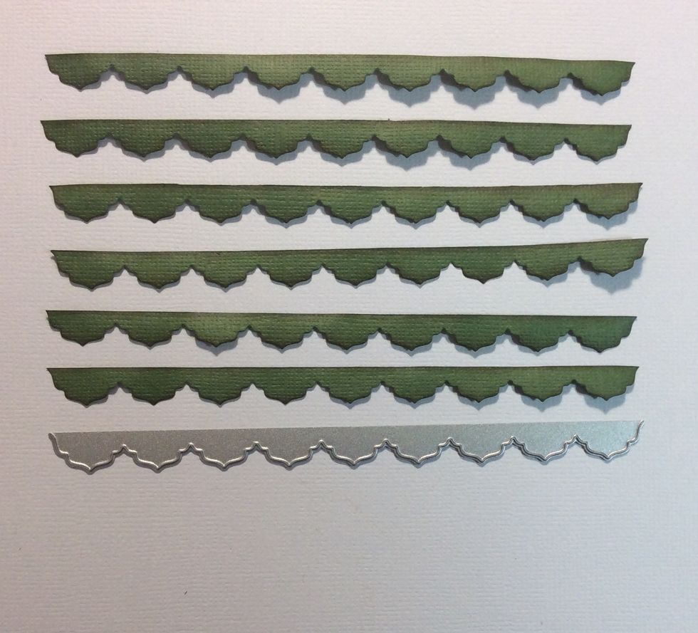 The border die from the sizzix regal card set was used to cut 9 boarder strips in chosen card stock colour. Ink edges if desired. An edge punch can be used as well.