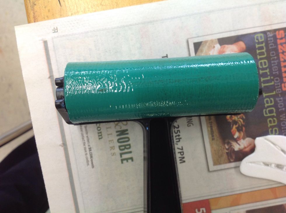 The brayer should be evenly coated with ink. If there are globs you can take the brayer back to the inking tray and pull it towards you.