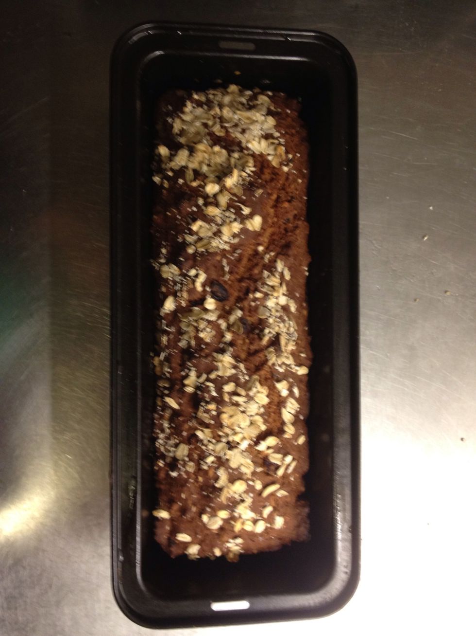 The bread is ready! Before I put it in the oven I sprinkled some oatmeal on top. Since it's a bit sweet it is best enjoyed with cheese but have it any way you like it. Over and out!