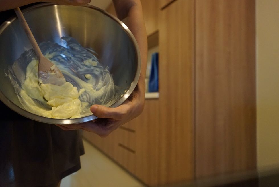 The butter is now loose but not white just a bit pale