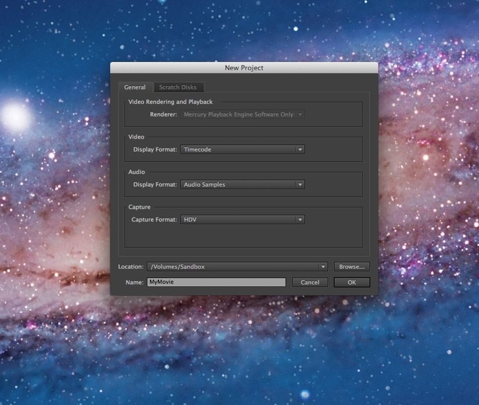 The Capture Format should be set to HDV. Change the Location selection to the Sandbox or to your external hard drive. Note: The Sandbox is cleared on log out so be sure to back up your files!