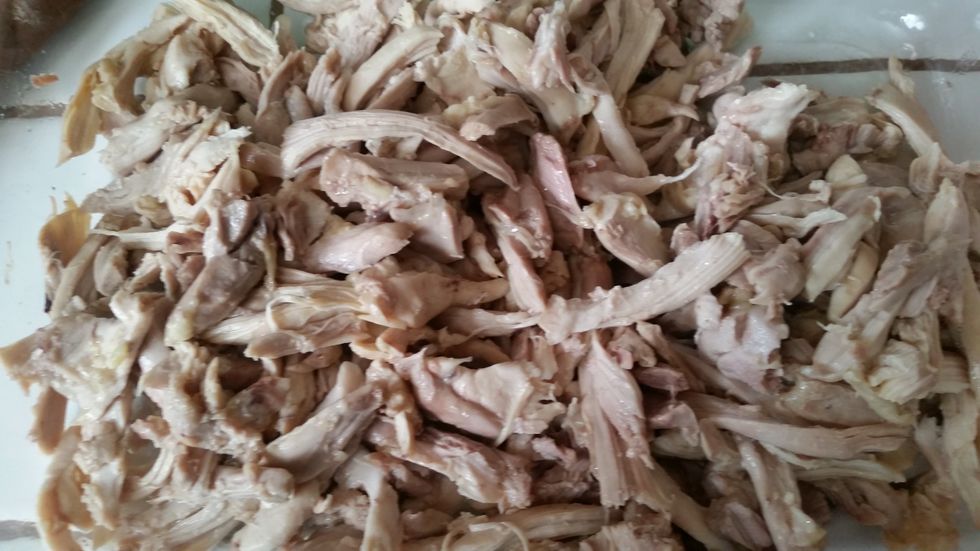 The chicken should be cool enough. Remove the yucky parts... like the fat, the bone...etc. Then shred it!