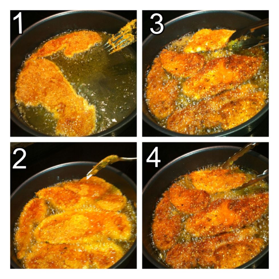 The chicken will start shrinking in less than 30 seconds. So don't worry if the pieces overlap a little. After 3-4 minutes (depends on thickness) flip them over.