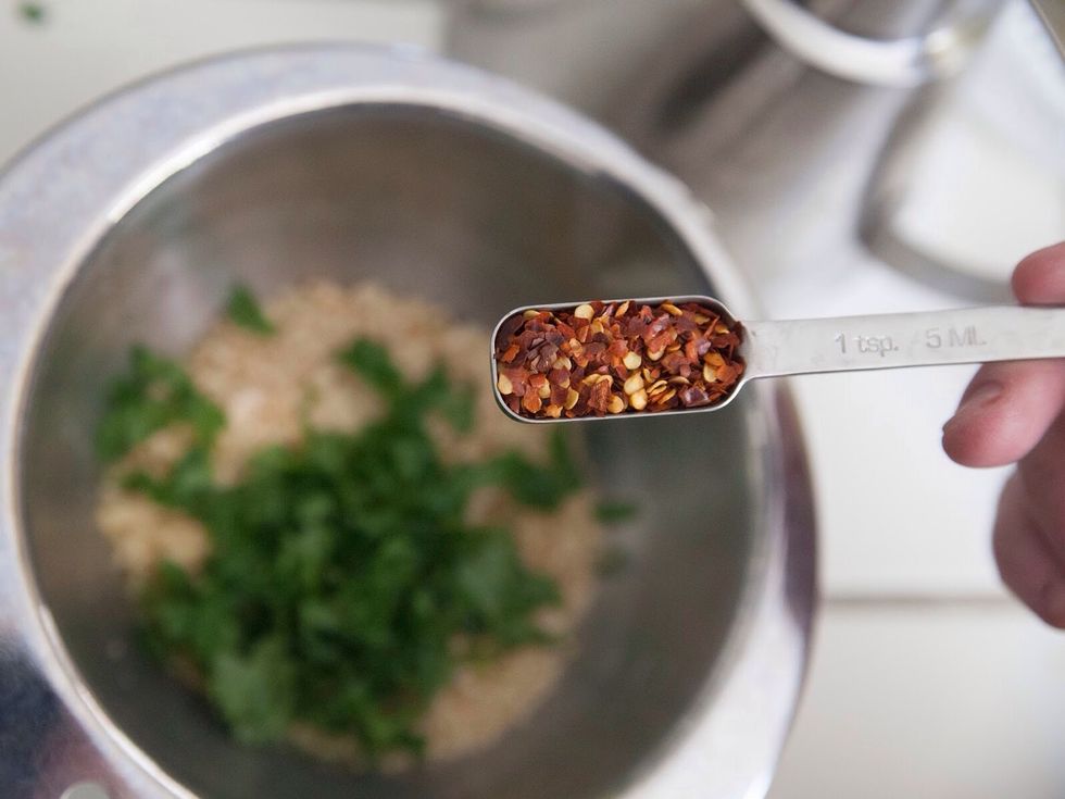 The chopped fresh cilantro, lemon juice, and the red peppers.