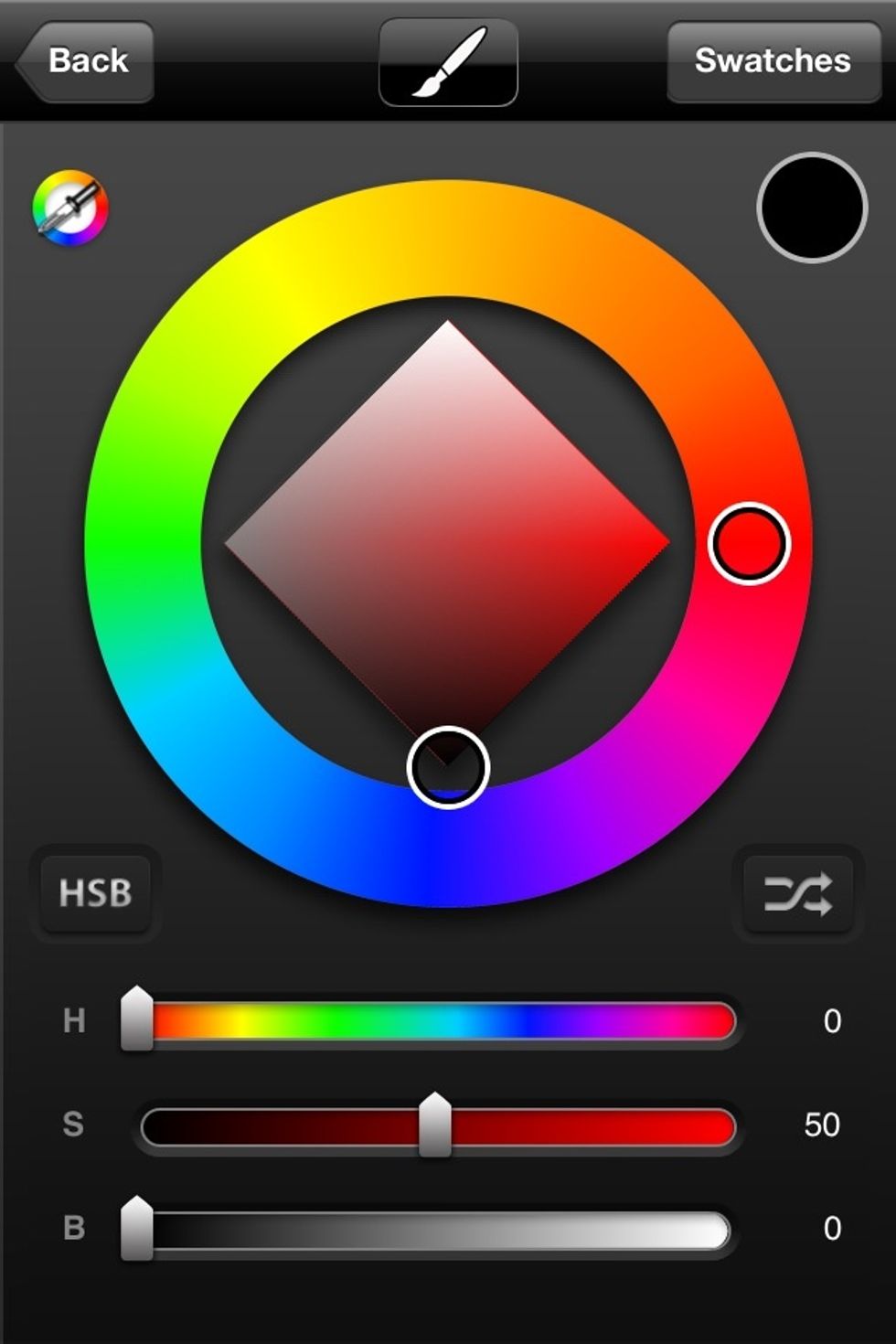 The color selector consists of the wheel and swatches the button in the top right corner toggles them. The eyedropper tool allows you to select a color from your drawing.