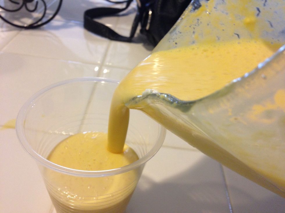 The consistency should be liquid NOT chunky :) and it's ok for it to be slightly frothy, but not too much! And pour into your cup :)