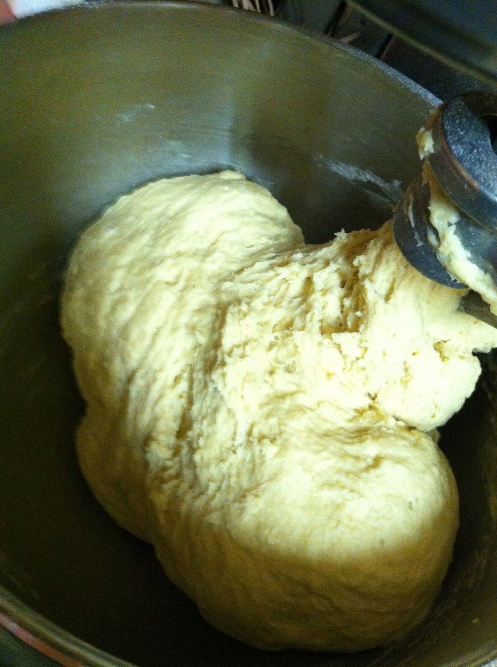 The consistency should be not too sticky and uniform. Cover the dough with Saran Wrap and let it rise for an hour and a half. To see how to braid and bake the dough, check out my other snap guide.