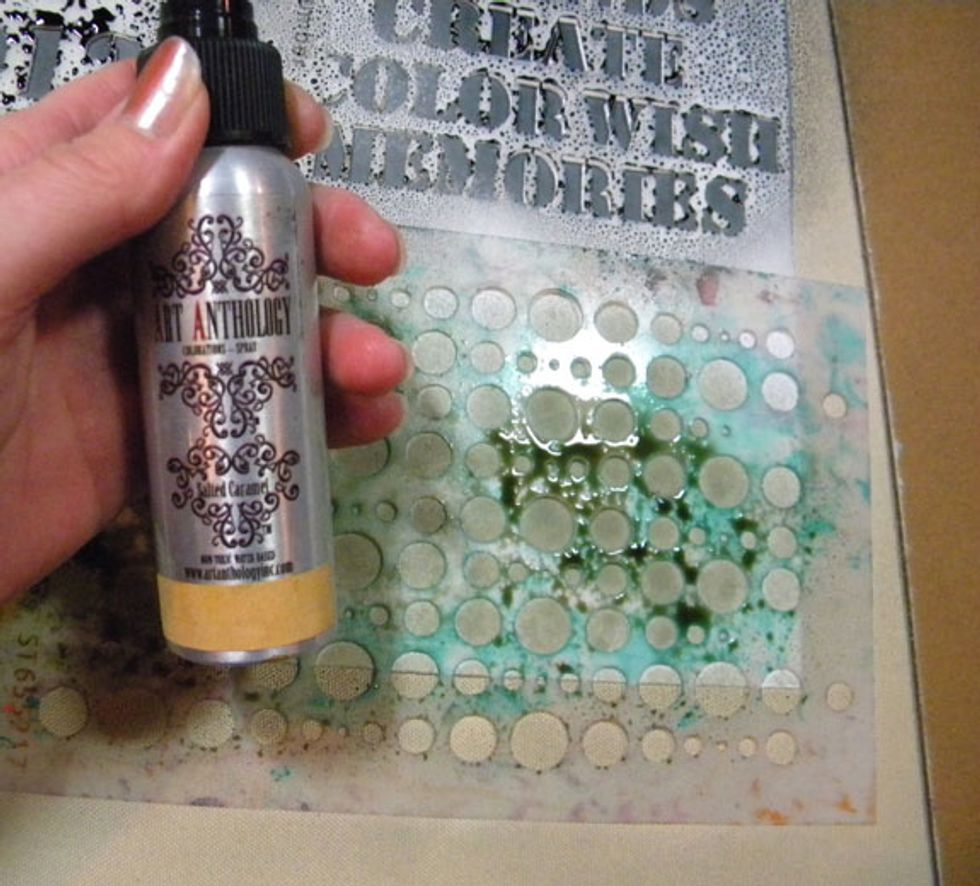 The cool color palette needed some warmth, so I added Salted Caramel over Fern Leaf through the Bubbles stencil.