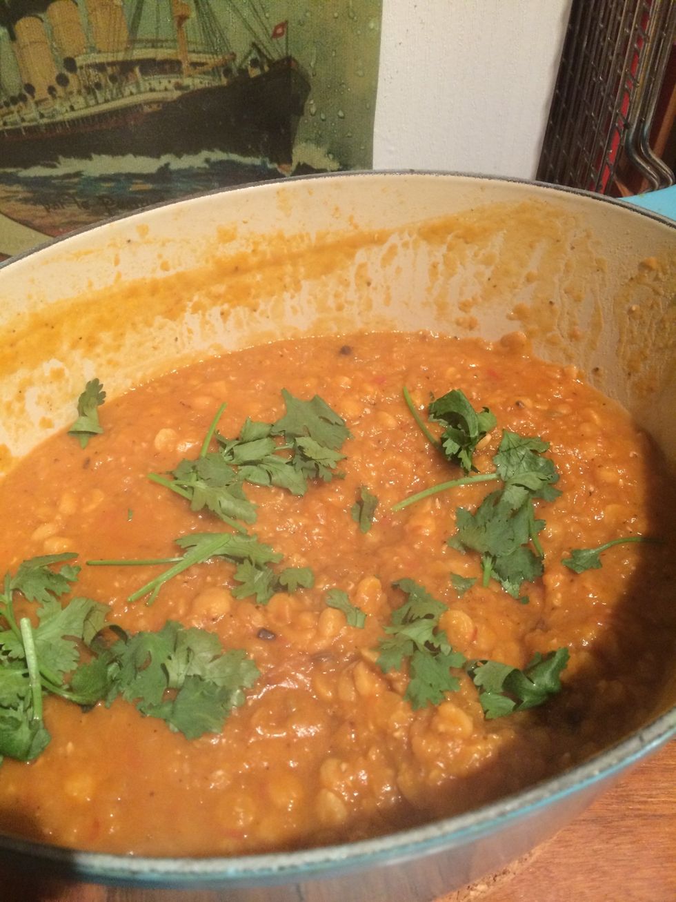 The daal should be fully cooked in 1 1/2 hours. If you are not serving individually, garnish the daal pot with coriander leafs. Alternatively, serve in a tiny bowl and garnish.