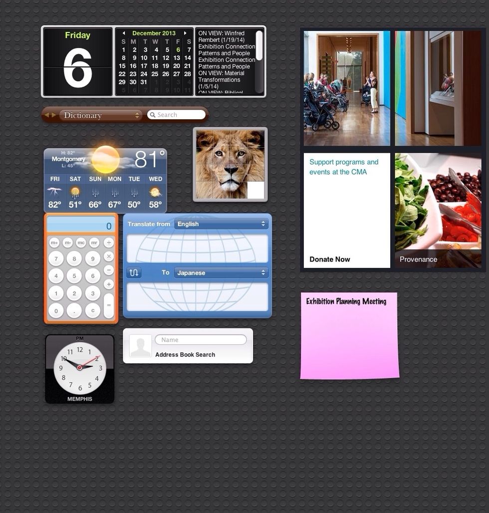 The dashboard comes with a library of widgets, such as a clock, dictionary, etc. You can also add web clipping from Safari.