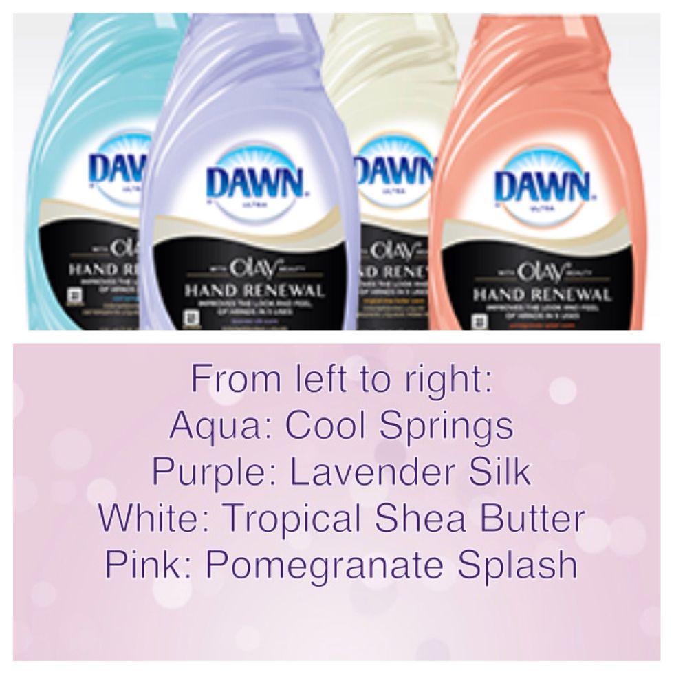 The Dawn dish soap comes in 4 fragrances. I chose pink for my girlfriends. But my store didn't have the aqua or purple so I added one drop of green food coloring to the white one for my guy friends.