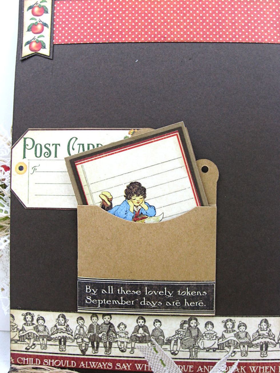 The Deco Edge Mini Envelope also cuts a small journal piece. I decorated the envelope with a banner piece and this cute cut apart image. Borders and a small tag also decorate the top half of the card.