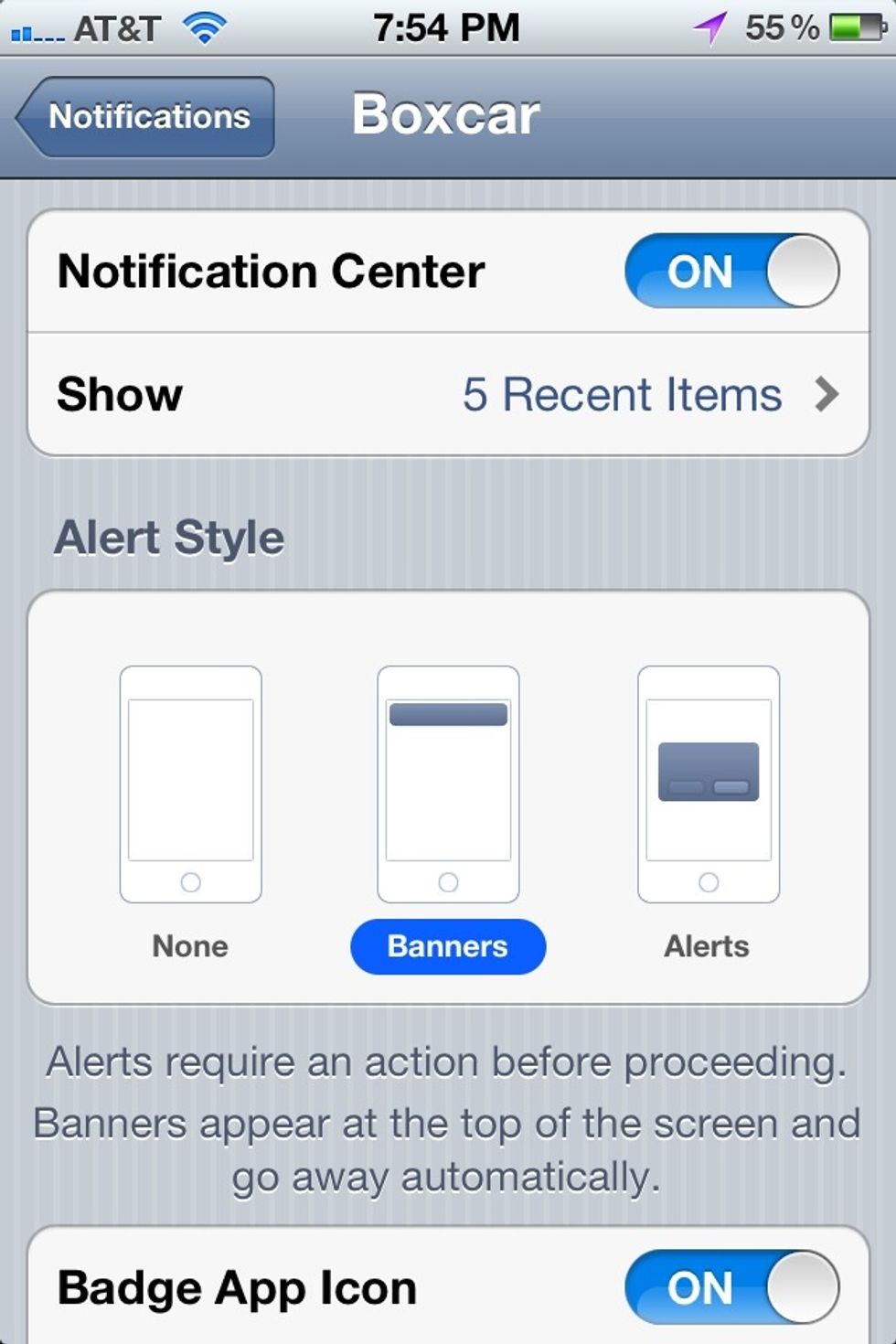The default settings are usually the best. Definitely use banners as your alert settings. They're the least obtrusive when using the iPhone.