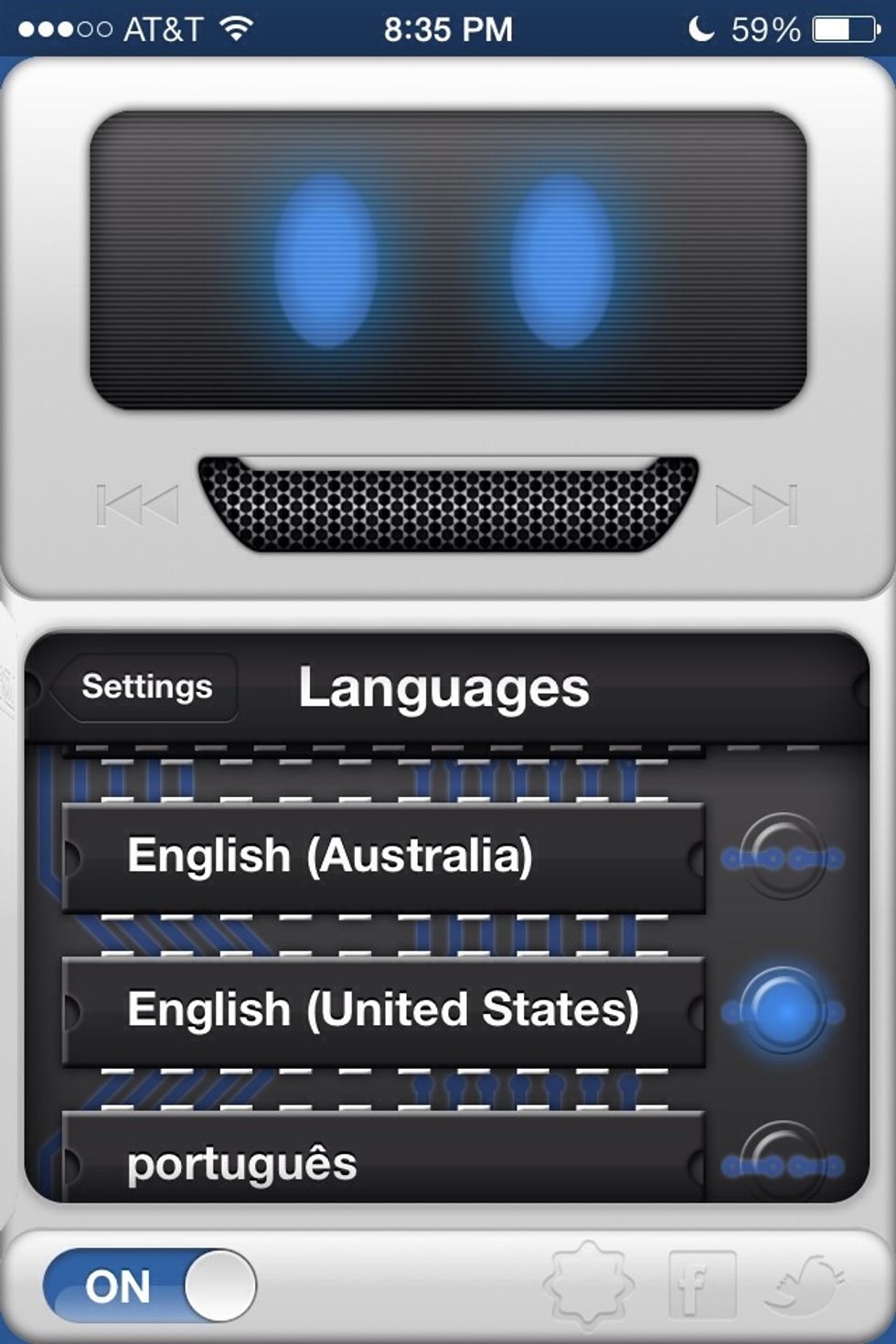 The default voice is English UK. That's the first voice you'll hear. But you can change it to other languages. Such as I use English US.