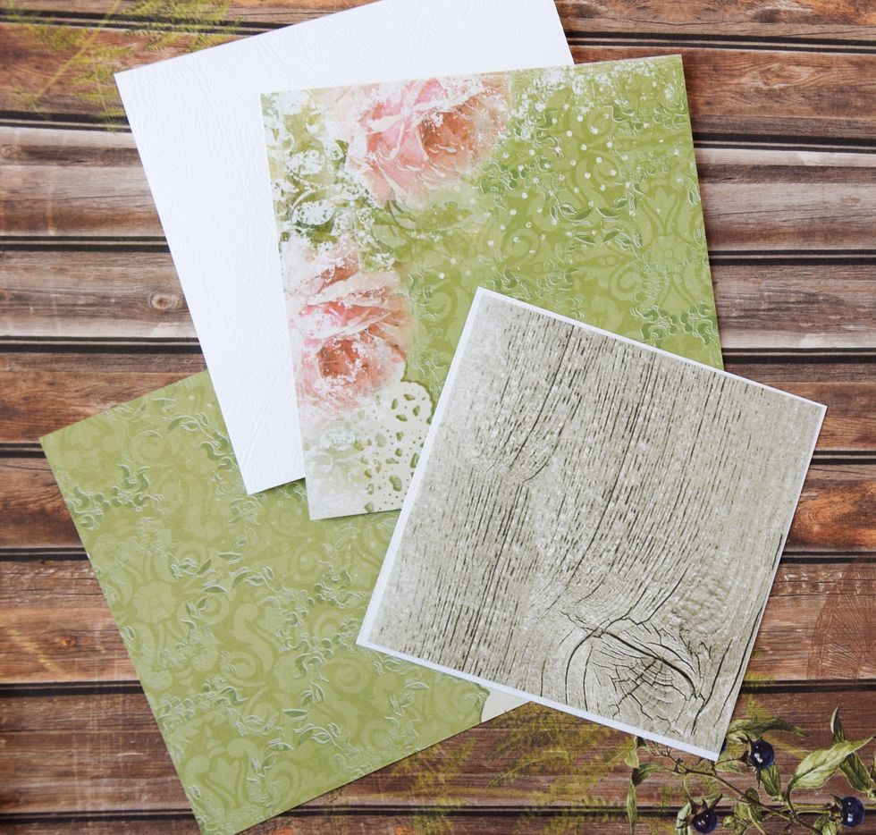 The details of my future card:  - white cardstock for the base card: 11 x 5,5", folded in half -1 pc - white cardstock 4,3 \u0445 4,3''- 1 pc - scrapbook-paper 5,3 \u0445 5,3'' - 2 pc and 4,1 \u0445 4,1'' - 1 pc