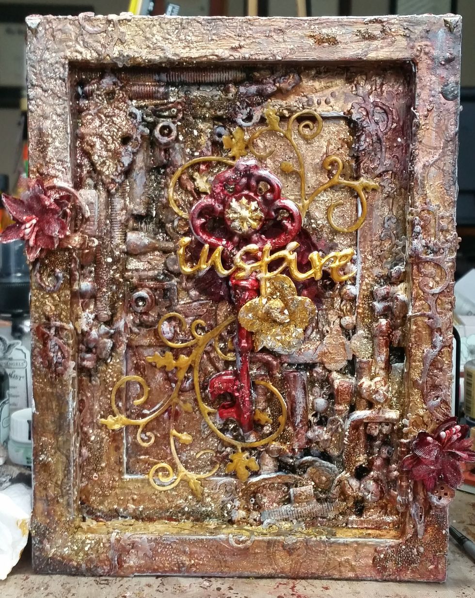 The Die~Namites "Fall Breeze" swirls under the key were in red, but they were hiding and not popping out, so I painted them in the TA Antique Gold to help them pop a bit more.