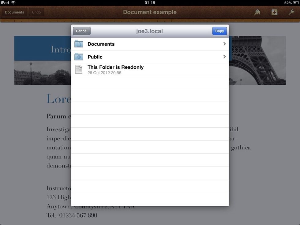 The directory of folders in Documents Pro on the teachers iPad is shown to the student, and they should select Public as the destination.