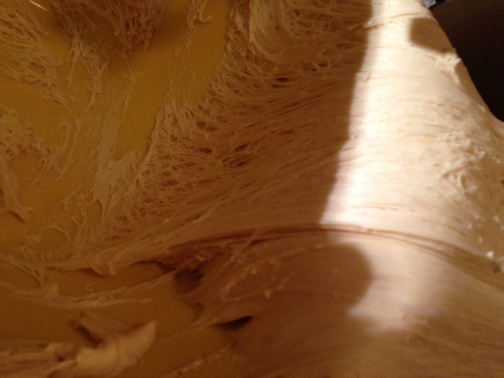 The dough has formed long chains of gluten while rising in the fridge.