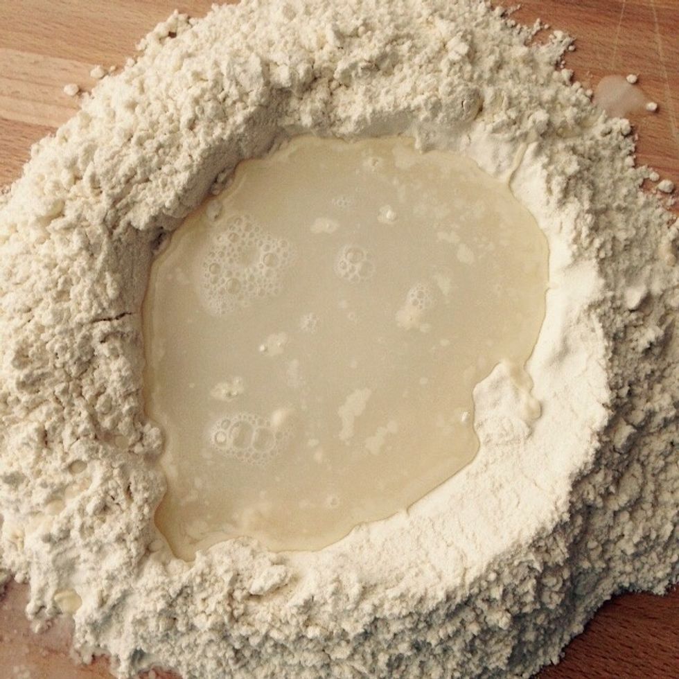 The dough is really simple, start with the amount of flour and add warm water gradually. Knead the dough and add as much flour as needed to achieve a uniform dough.