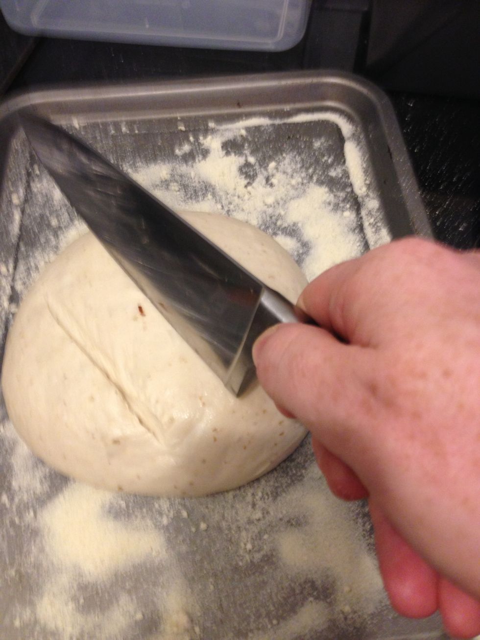 The dough should continue to prove. Cut the top with an oiled knife to help it expand in the oven.