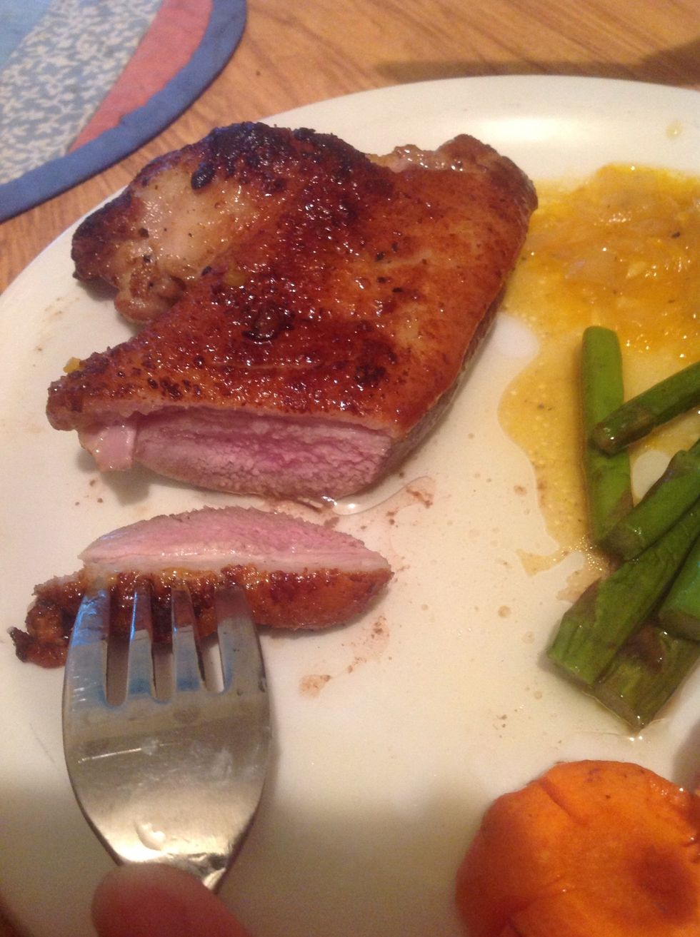 The duck breast must be not over cooked. It is pink color inside and golden caramel on skin :) served with orange sauce. Bon appetite :)