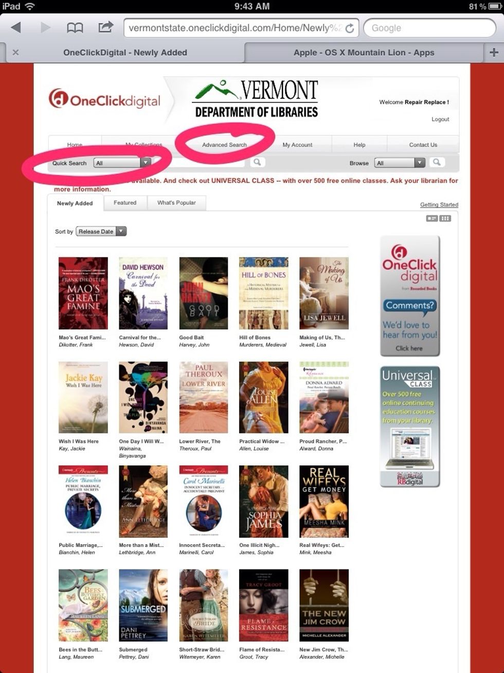 The easiest way to find titles is to use the quick or advanced search on the website. To find out more information about a title or to check it out, click on it.