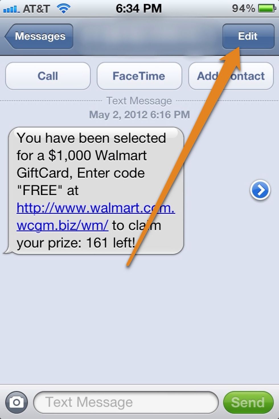 The easiest way to send the message is to forward it. Start by tapping edit from the conversation screen.