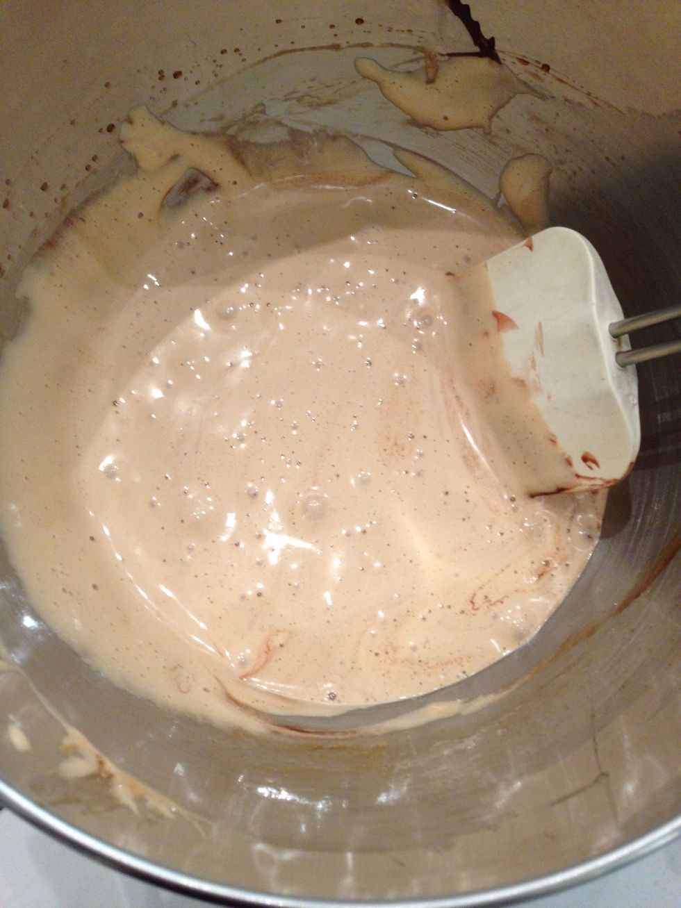 The eggs-sugar will become pale and double in size. (Pale brownish because of the coconut sugar) add 2 Tsp vanilla extract