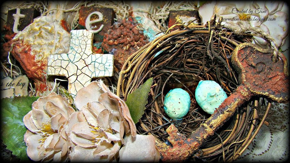 The eggs were altered using watered down Cayman and then splattered with Black Leather Jacket paint for speckles.