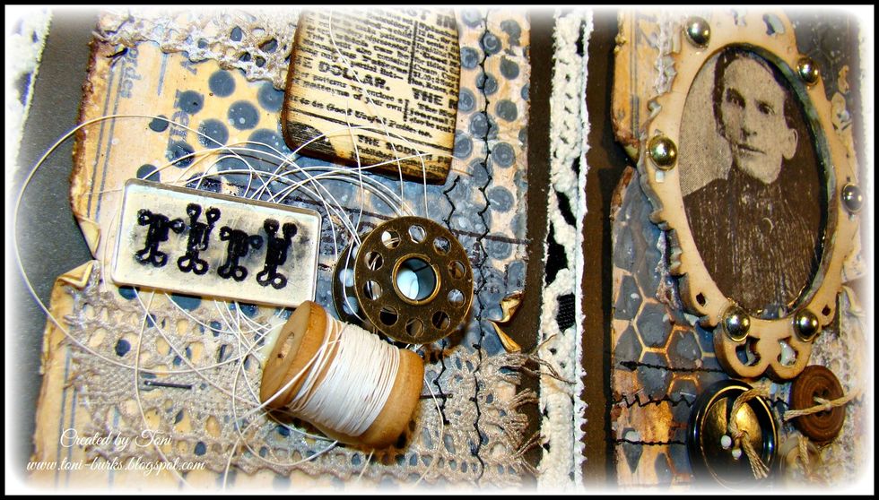 The embellishment with the eyelets is a stamped image and cut out and then using Glossy Accents, glue an Ideology Fragment to the top.