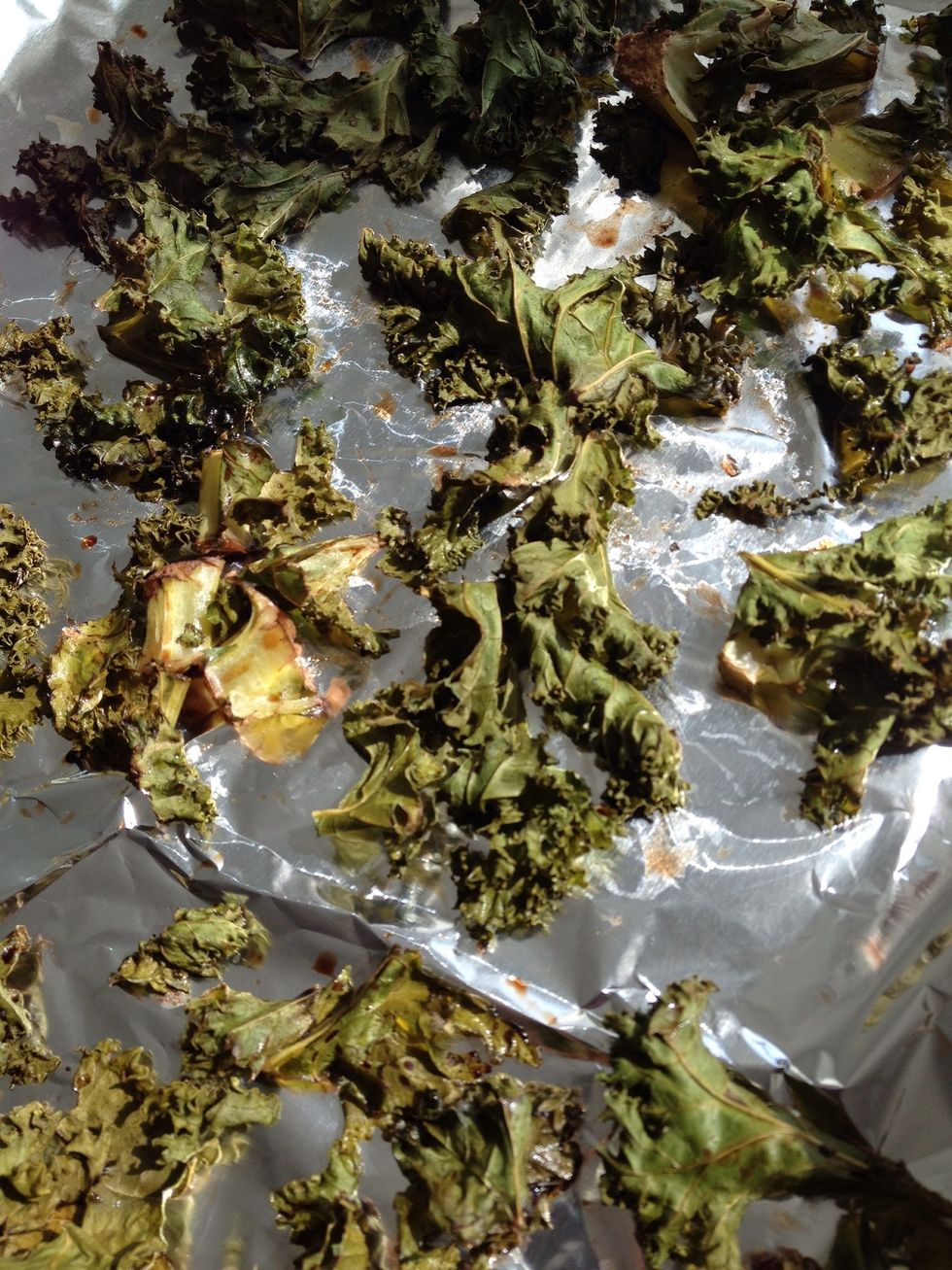 The end product doesn't look great, but should feel light and crispy like cooked seaweed. If some are still wet & limp, turn over leaves and put back in the oven.