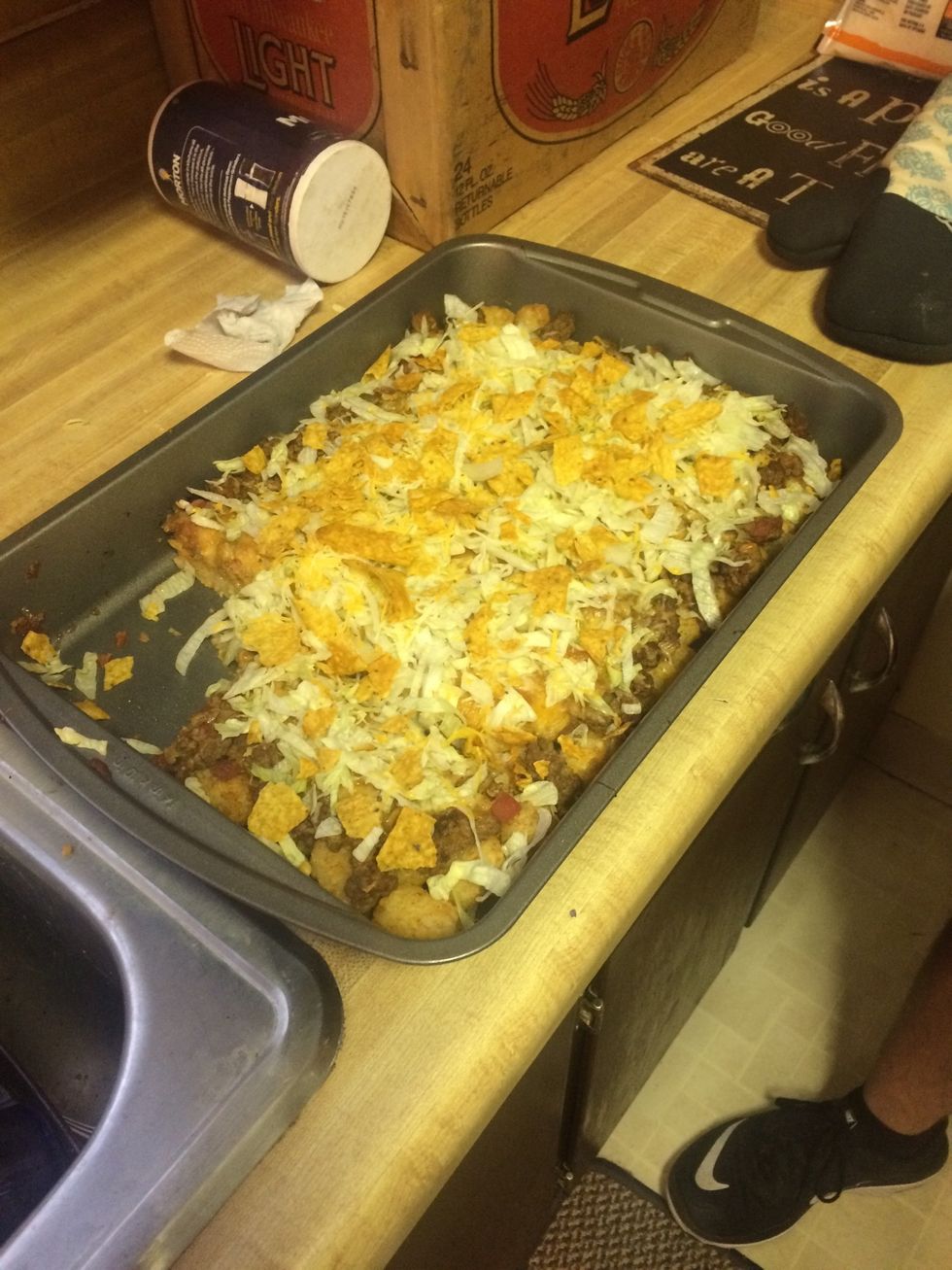 The end product! (My friend took a piece before I could snap a picture. I yelled at him for it\ud83d\ude02) you can add 1/2 cup of crushed tortilla chops