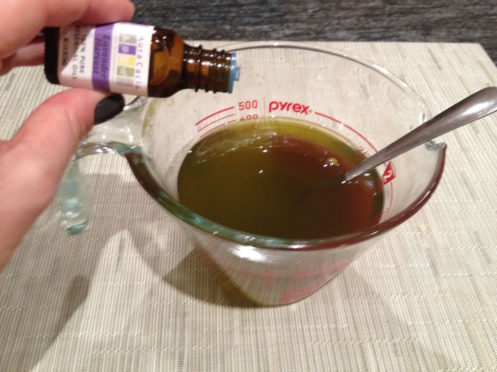 The essential oil you choose, and how strong a scent you would like, will inform how much to add. For lavender, about 25 drops works for me. Stir vigorously.