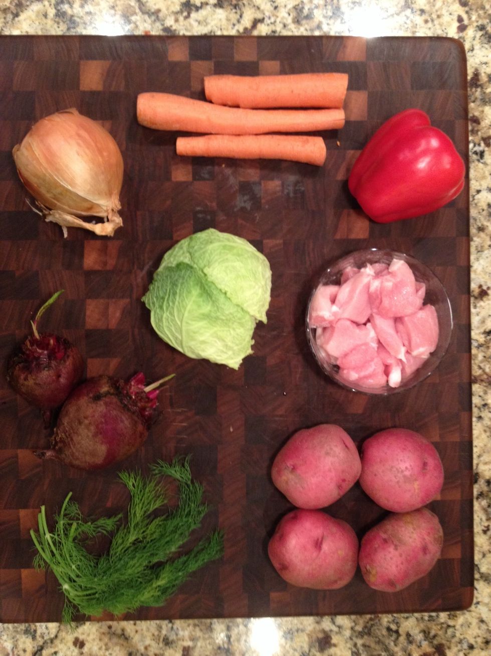 The essentials. Vegetables come in all shapes and sizes, but Borshch allows for leeway depending on your tastes.