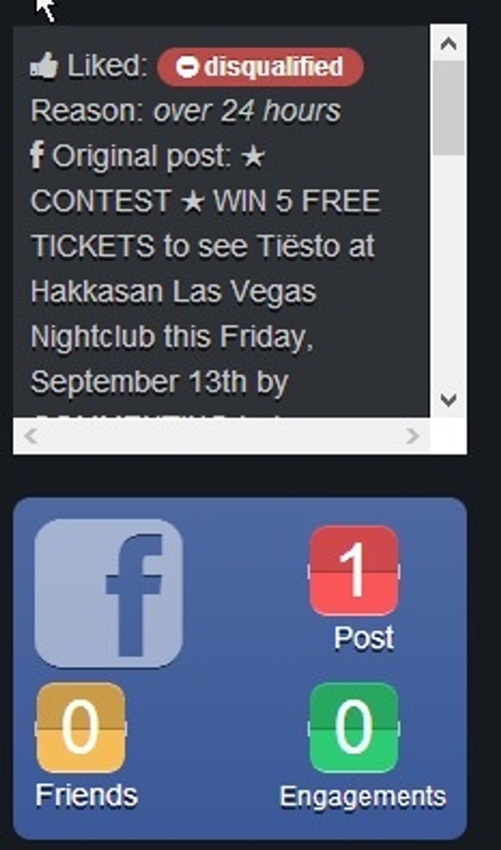The Facebook widget tracks your # of friends, total #Hakkasan posts, and total engagement (likes/comments on the HakkasanLV page. A separate button for the # of shared posts is coming soon.)