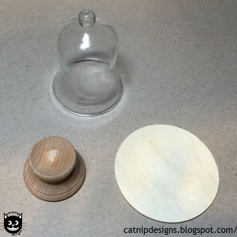 The fairy garden specimen starts with these 3 items: Large Glass Bell Dome, Egg Cup, 3" Round Wooden Base. **Please read through all of the steps before beginning!**
