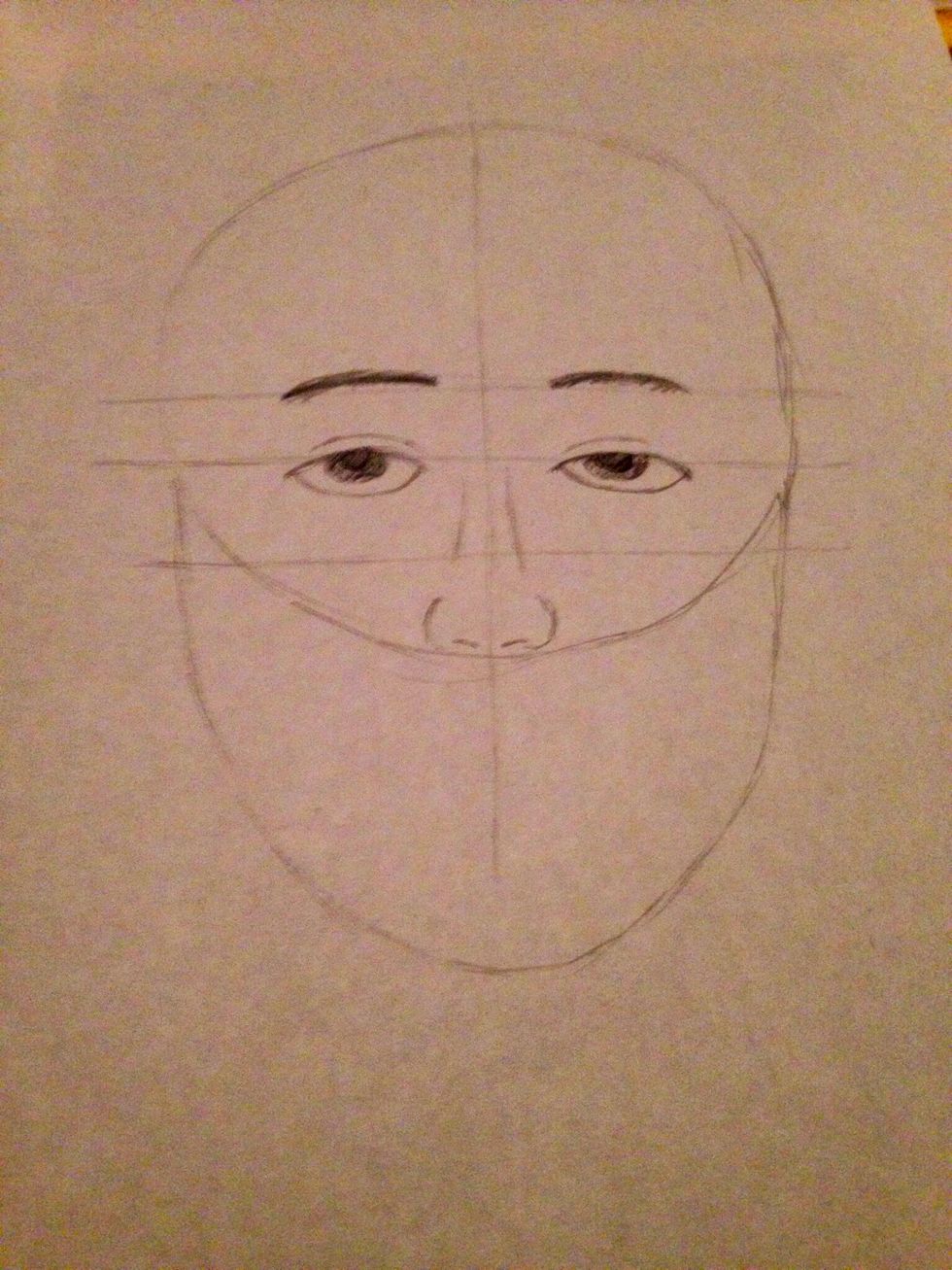 The fifth step is to draw the iris and pupil in your eyes.draw them how big or small they are on your face. Also draw you nose by making two wide half ovals at the bottom of the circle.