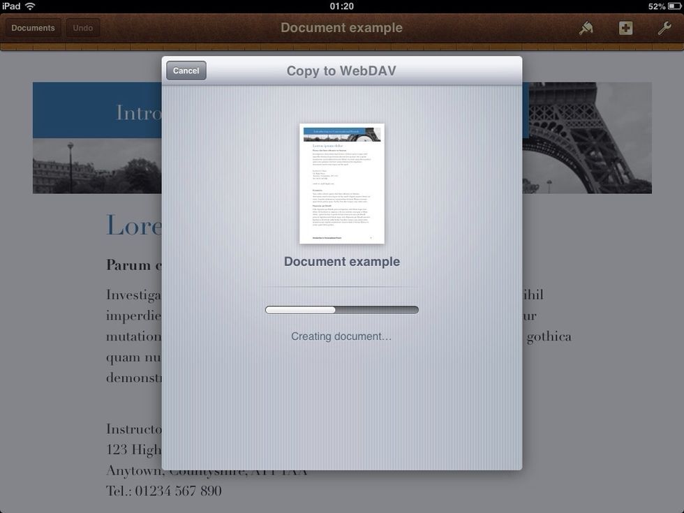 The file is created and copied to the destination folder from Pages on the student iPad to Documents Pro on the teacher's iPad .