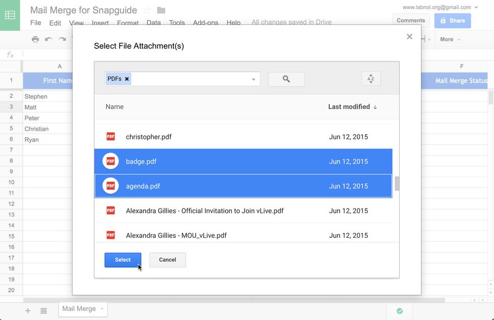 The File picker opens and you can select one or more files from your Google Drive to attach them to your merged emails.