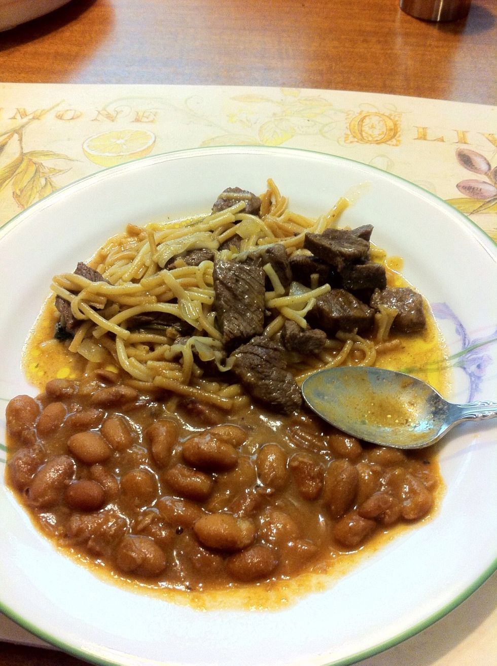 The final dish served with BBQ beans.