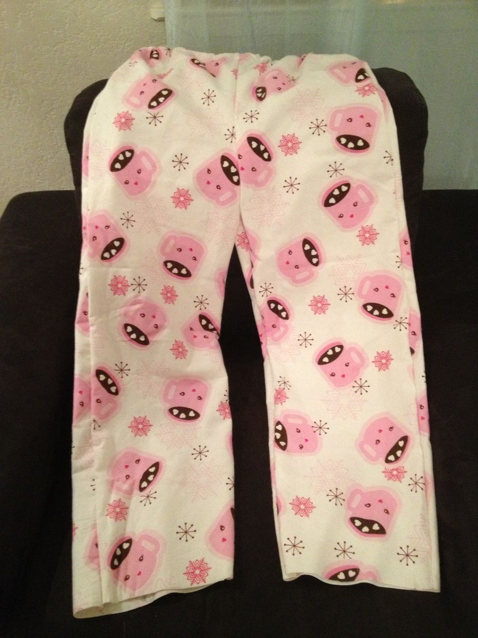 The final step is to hem the ends of the legs. I do this the same way as the waistband. I fold over the edge twice and stitch.