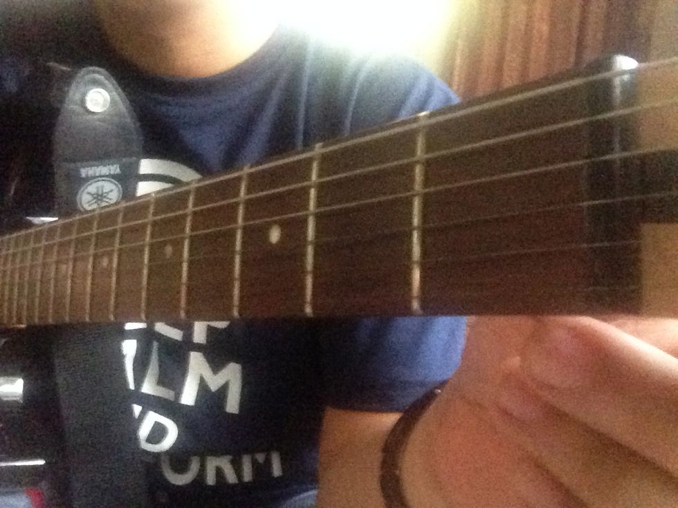 The fingerings will be one finger on the first fret and 2 fingers on the second fret. Frets are those vertical metallic lines you see in the image
