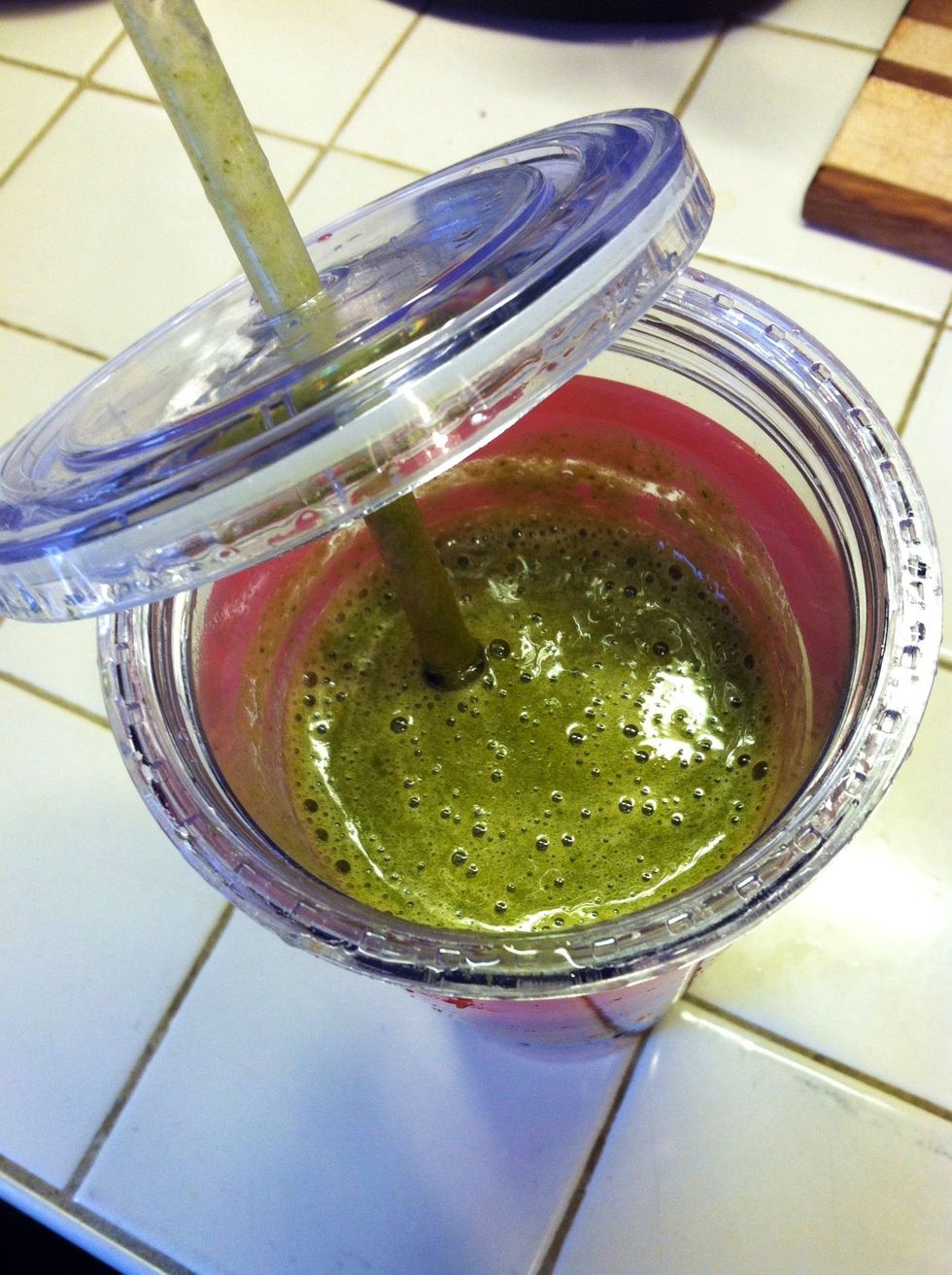 The finished product: an easy, fast, and healthy way to start my day! I was surprised to find that there is no taste of spinach whatsoever- just fruit!