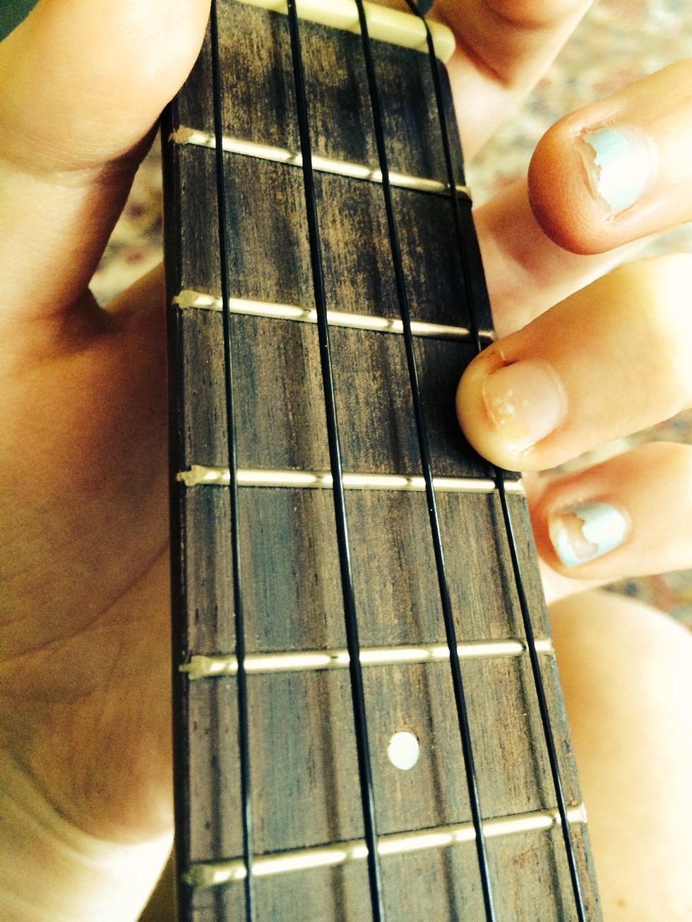 The first chord is the C chord. Place your third finger on the third fret of the A string