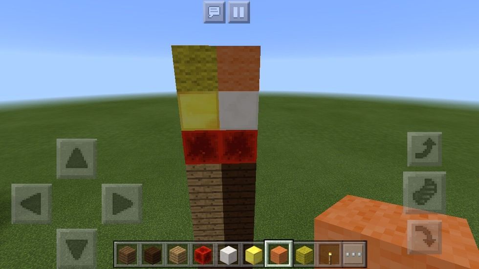 The first line, both should be redstone. The second line from left to right would be gold block and quartz block. Third line from left to right should be yellow wool and orange wool.