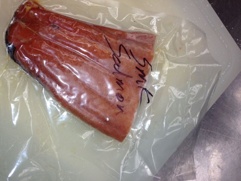 The first step is to freeze a chink of smoke salmon.