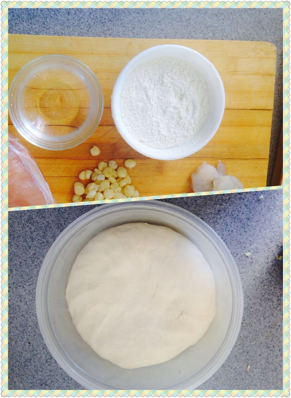 The first step is to mix flour with water. Slowly add water, little by little, kneading with hands until a dough is formed. Then put the dough in a bowl and cover.