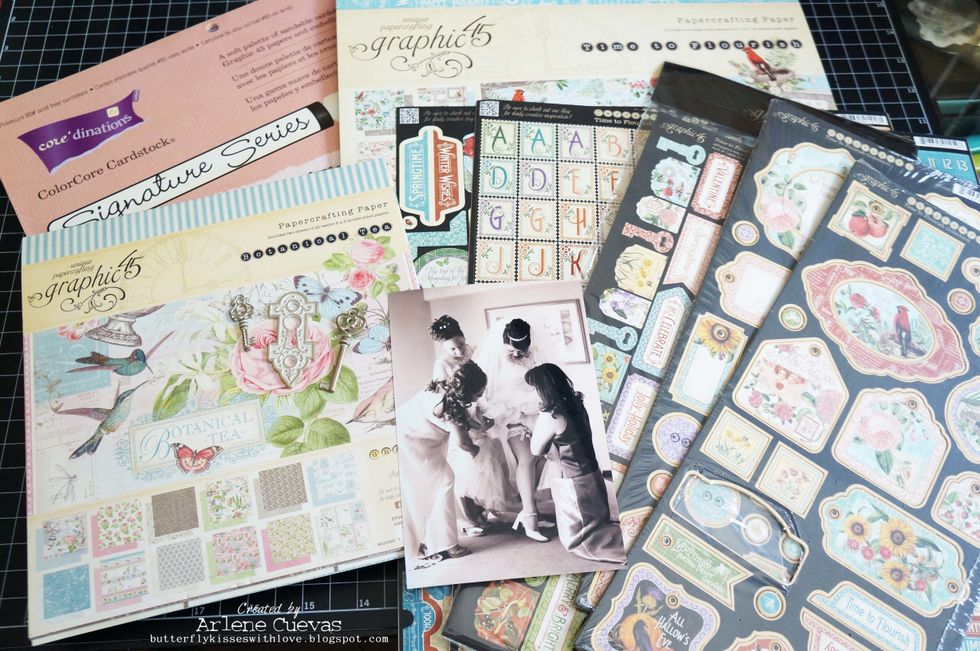 The first step is to select your photo and supplies. I'll be using Graphic 45's Time to Flourish and Botanical Tea collections for this page.