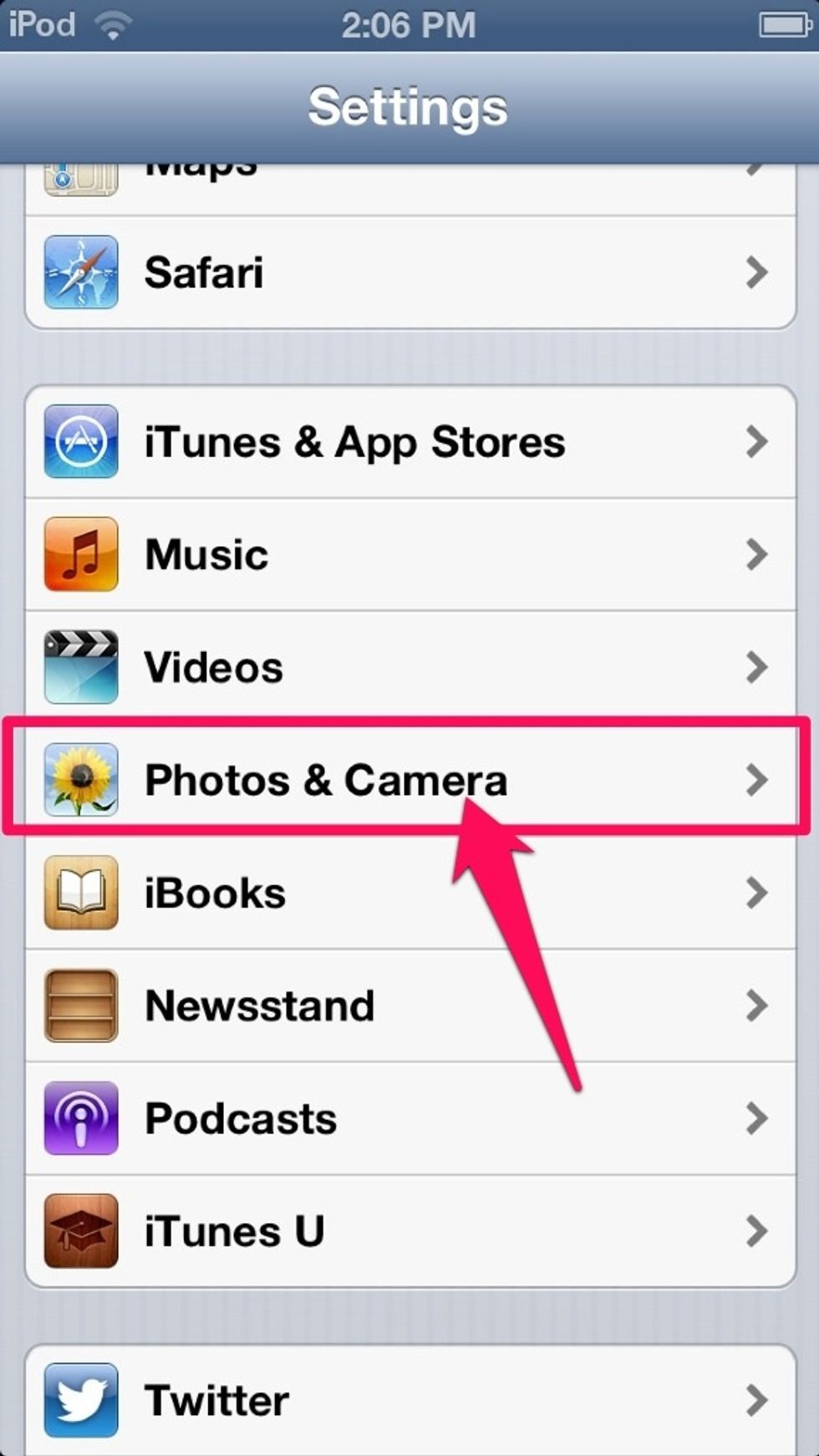 The first thing to do is open Settings. Then scroll down until you see "Photos and Camera", and select it.